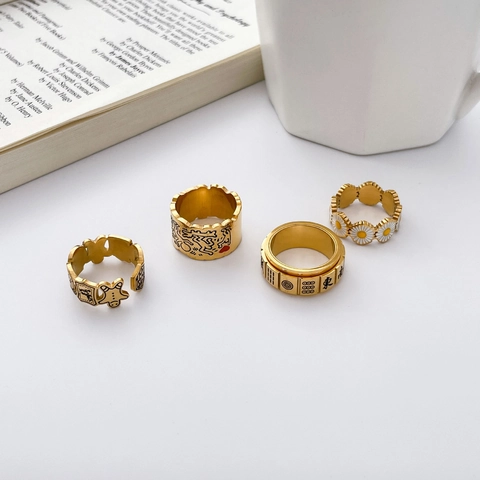 Vintage Titanstahl Ring Drehbar Mahjong Gänseblümchen Emaille Graffiti Lebkuchenmann Breites Band Fingerschmuck Damen