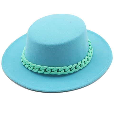 Sombrero Boater De Fieltro Retro Para Mujer Con Decoración De Cadena De Plástico Grueso Color Sólido Fedora De Ala Ancha