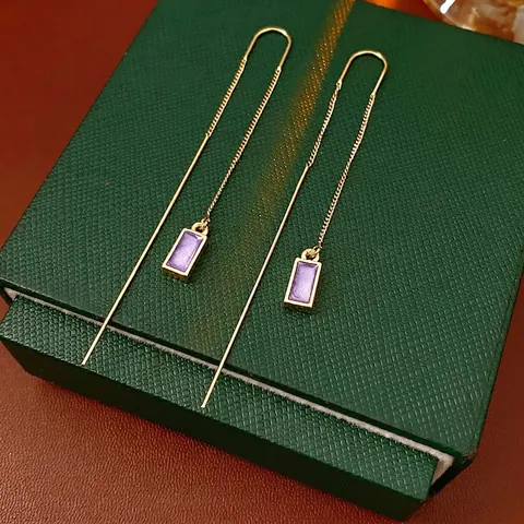 Pendientes Largos De Aleación Dorada Con Poste De Acero Y Colgante Rectangular De Esmalte Morado Joyería Elegante De Mujer