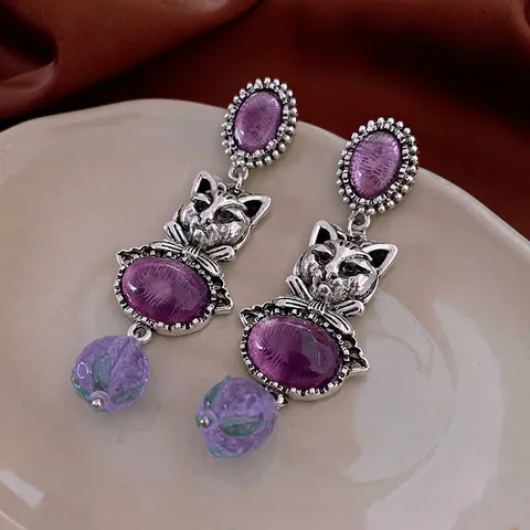 Vintage Cat Head Drop Earrings With Purple Rhinestone Oval Stone And 925 Sterling Silver Earring Post For Women Accessory