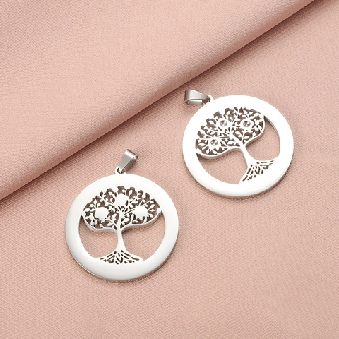 Colgante Árbol De La Vida Redondo Hueco De Acero Inoxidable Para Fabricación De Joyas DIY Pulido Espejo Plata