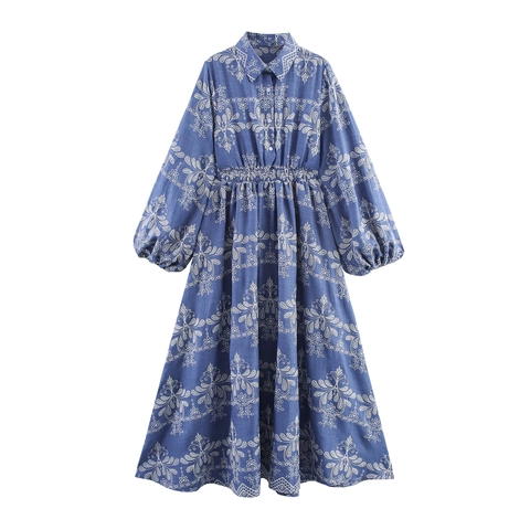 Women French Retro Maxi Shirt Dress Long Lantern Sleeve Floral Embroidered Button Lapel Elastic Waist Blue