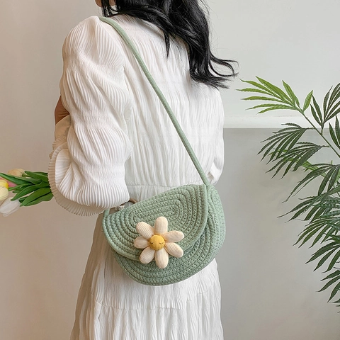 Damen Gewebte Umhängetasche Baumwollseil Handgefertigt Gänseblümchen Boho Strand Schultertasche Mode Süß