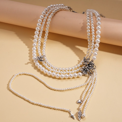 Collana Multistrato Vintage Retrò Künstliche Perle Sintetiche Lega Angelo Cupido Ciondoli Nappa Lunga Cuore Stella Elegante Donna