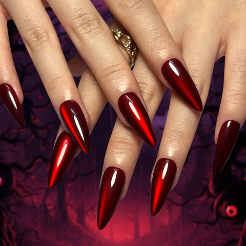 Uñas Postizas Stiletto Largas Puntiagudas Rojo Metálico Brillo Cromo Halloween Gótico Para Mujeres