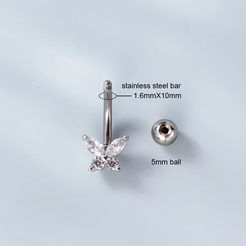 Zircon Inlaid Belly Button Ring With Stainless Steel Bar Copper Piercing Jewelry For Women Butterfly Flower Shape