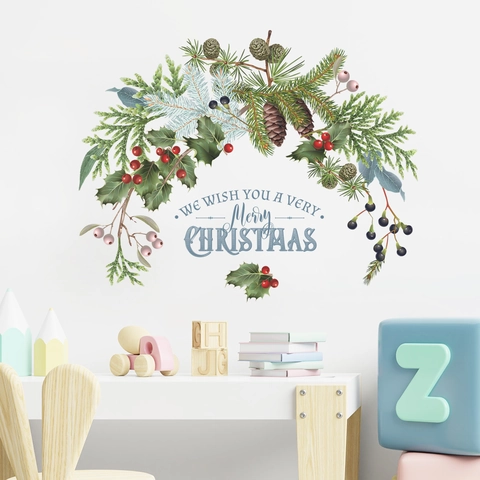 Christmas Wall Sticker PVC Pine Branch Pine Cone Berry Wreath Merry Christmas Lettering Window Glass Decal Home Decor