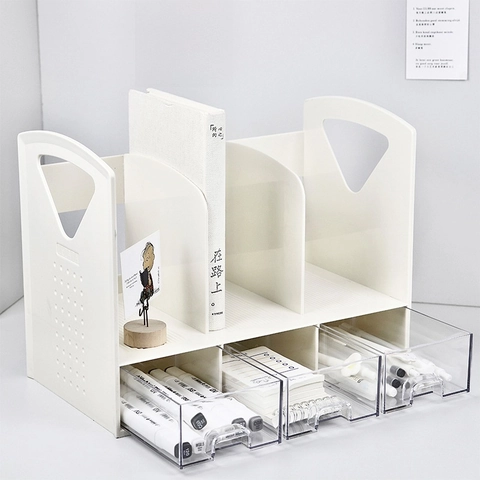 Minimalist Desktop Bookshelf Organizer Plastic Book Stand With Transparent Drawers Multi Compartment Office Storage