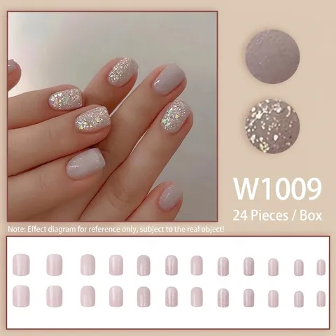Short Square Press On Nails Nude Pink Shimmer Glitter Artificial Fake Finger Nails Detachable DIY Manicure Glossy