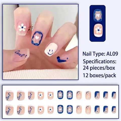 Blau Weiß Kurz Aufpressnägel Oval Falsche Nägel Mit Blumen Smiley Herz Muster Für Frauen Süß Ins Stil