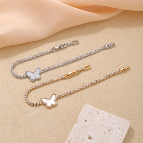 Bracelet Tennis Papillon Nacre Cuivre Zircon Micro Pavé Bijoux Élégants Pour Femmes