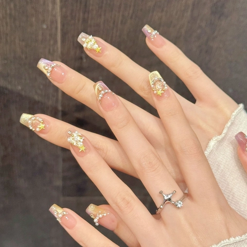 Handmade Press On Nails Pink Gradient Cat Eye With Artificial Pearl Rhinestone Gold Star Christmas Tree False Nails For Women