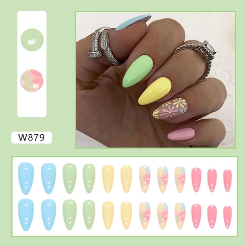 Press On Nails Macaron Bunt Mandelform Süß Sonnenblume Blumenmuster Glänzende Künstliche Fingernägel Für Frauen