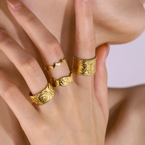 Anelli Aperti Regolabili Vintage In Acciaio Inossidabile Placcato Oro 18K Stella Girasole Martellata Gioielli Per Donne