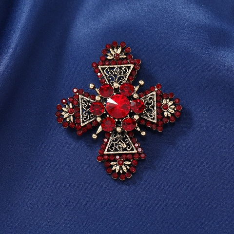 Spilla a Croce in Lega Vintage con Strass per Uomo Donna Accessori per Abiti Stile Barocco Oro Rosso Verde Gioielli Spille