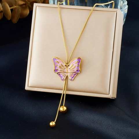 Collana Con Pendente A Farfalla Acciaio Inossidabile Placcato Oro Smalto Sfumato Viola Rosa Nappa Perle Gioielli Eleganti Donna