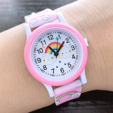 Orologio per Bambini Cartone Animato Arcobaleno Nuvola Ragazze Orologio al Quarzo Con Cinturino in Silicone Cassa in Lega
