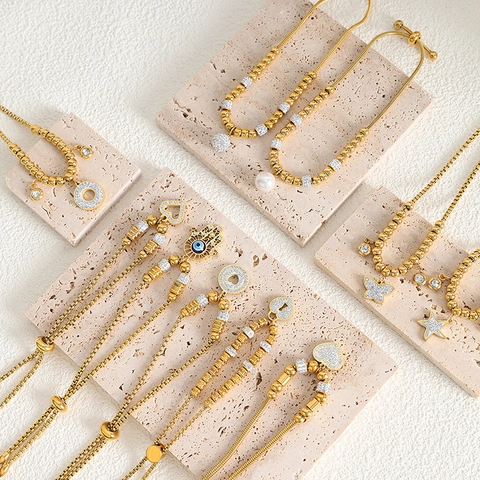 Bracciale In Acciaio Inossidabile Placcato Oro 18K Strass Hamsa Cuore Farfalla Perla Artificial Fibbia Scorrevole Regolabile Gioielli Donna