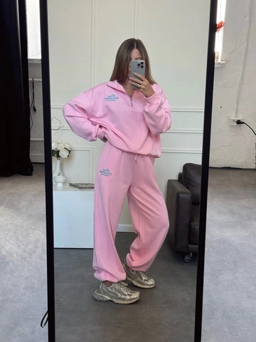 Conjuntos Casuales Mujer Sudadera Con Media Cremallera Y Pantalones De Pierna Ancha Algodón Cintura Alta Bordado Color Sólido Holgado