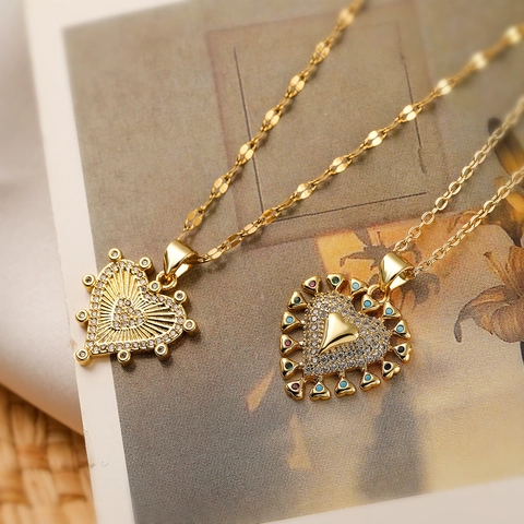 Heart Pendant Necklace Copper Gold Plated With Zircon Multi Color Stones Ins Minimalist Jewelry For Women