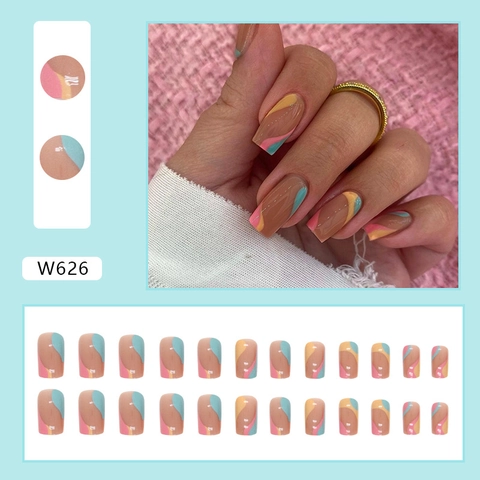 Press On Nails Square Multi Color Ripple Pattern Glossy Wearable Fake Nails For Women Reusable Wave Design Manicure