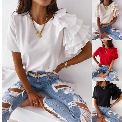 Women T-Shirt Elegant Ruffle Short Sleeve Round Neck Cotton Solid Color Fashion Casual Pullover Top