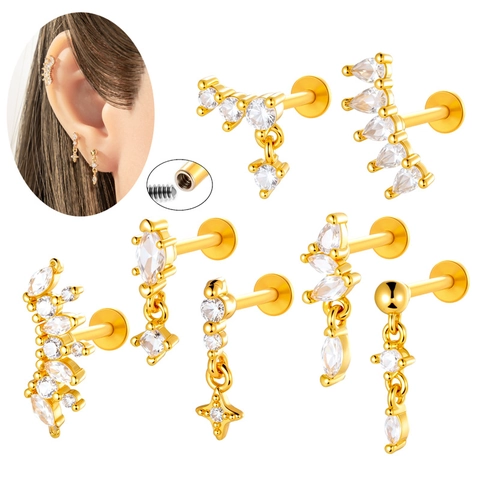 Barre Titane Filetage Interne Cuivre Zircone Anneau Lèvre Dos Plat Labret Stud Pendentif Bijoux Piercing Tendance
