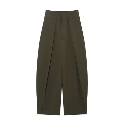 Pantaloni Donna Vita Alta Gamba Larga Tinta Unita Pieghettati Casual Ufficio Poliestere Oliva Profondo