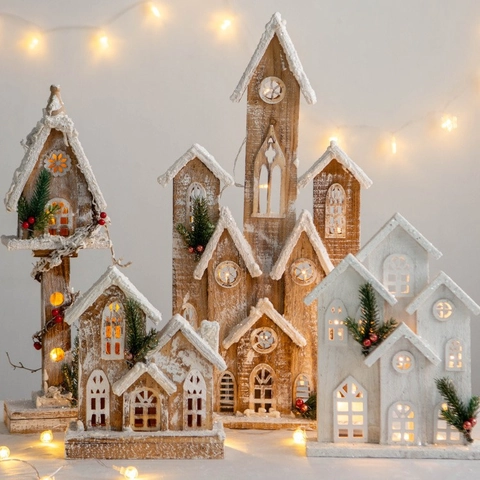Decorazione Casa Luminosa Legno Natale Con Luce LED Coperta Neve Aghi Pino Bacche Per Vacanze Casa Festa Finestra