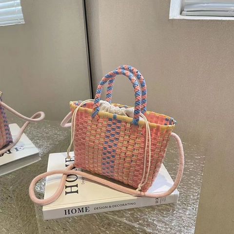 Borsa A Secchiello Intrecciata A Mano Colorata Borsa A Tracolla Con Fodera A Coulisse Per Donna Vacanze Al Mare