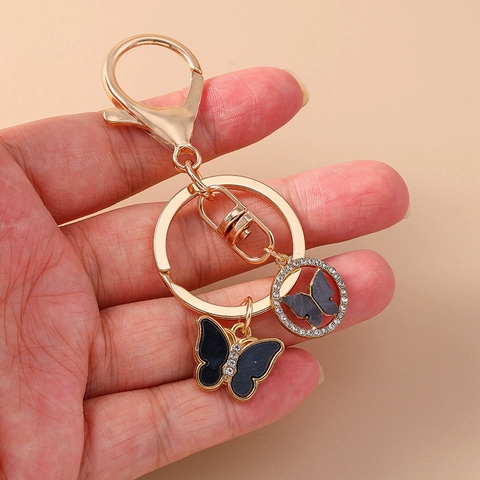 Porte-clés Papillon Strass Cristal Alliage Métallique Émail Doré Pendentif De Sac Pour Femmes Filles Cadeau