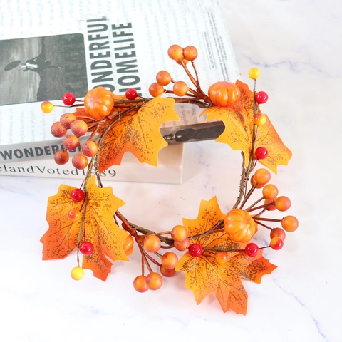 Ghirlanda Anello Candela Zucca Foglia Acero Artificiale Tessuto Raso Schiuma Bacche Decorazione Halloween Ringraziamento