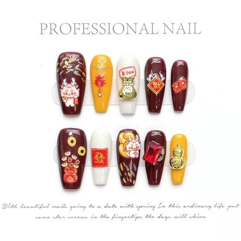 Handmade Chinese New Year Dragon Press On Nails 3D Rhinestone Gold Gourd Coffin Artificial Finger Art For Women