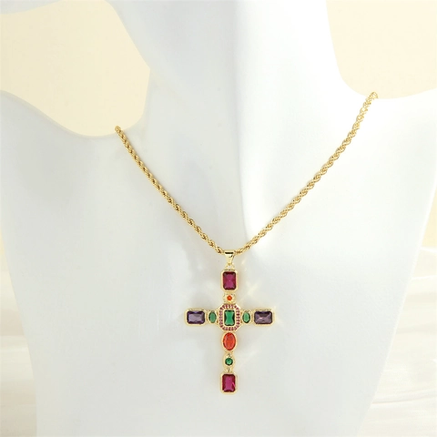 Copper Gold Plated Cross Pendant Necklace Multi Color Zircon Micro Pave Rope Chain Religious Fashion For Women