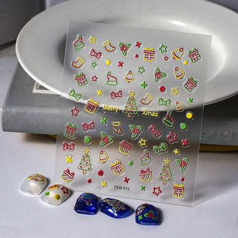 Autocollants Pour Ongles De Noël 5D Relief Auto-Adhésif Ultra Mince Imperméable Manucure Festive Décalcomanies