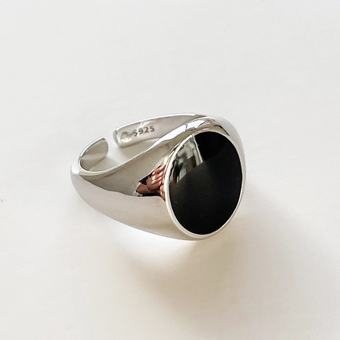 925 Sterling Silber Ring Mit Schwarzem Ovalen Emaille Vintage Verstellbar Offener Siegelstil Fingerschmuck