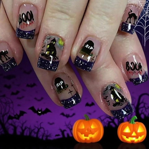 Press On Nails Kort Vierkant Halloween Punk Graffiti Handgeschilderd Zwarte Kat Blauwe Glitter French Style Dames