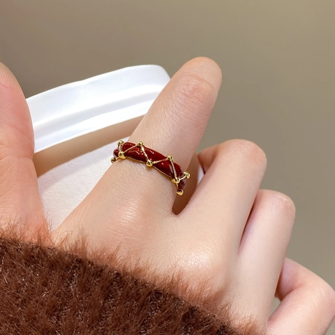 Anello Aperto Vintage Rame Placcato Oro Smalto Rosso Geometrico Trama Plaid Gioielli Regolabili Per Donne
