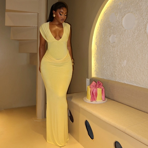 Maxi Dress Ruched Slim Fit V Neck Sleeveless Milk Satin Polyester Spandex Solid Color Sexy Streetwear For Women