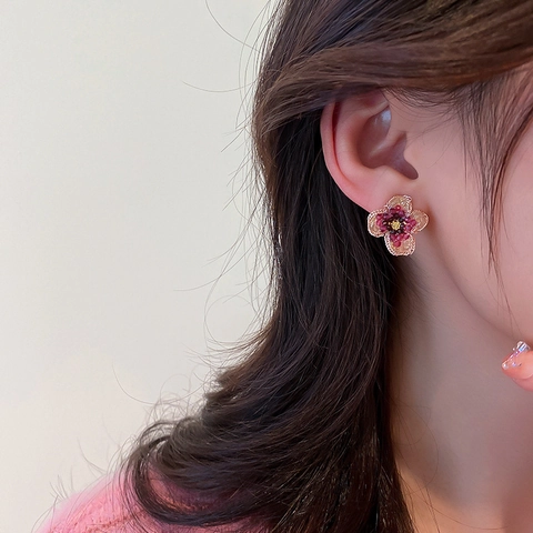 Flower Stud Earrings Handmade Crystal Beads Woven Alloy With 925 Sterling Silver Earring Post Vintage Floral For Women