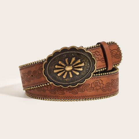 Ceinture En Cuir PU Vintage Avec Grande Boucle Fleurie En Alliage Et Rivets Style Bohème Western Punk Pour Femmes