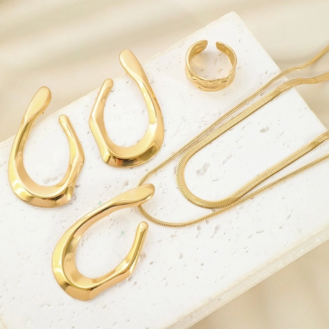 Gold Stainless Steel Double Layer Necklace Geometric U Shape Earrings Adjustable Ring Fluid Metal Jewelry For Women