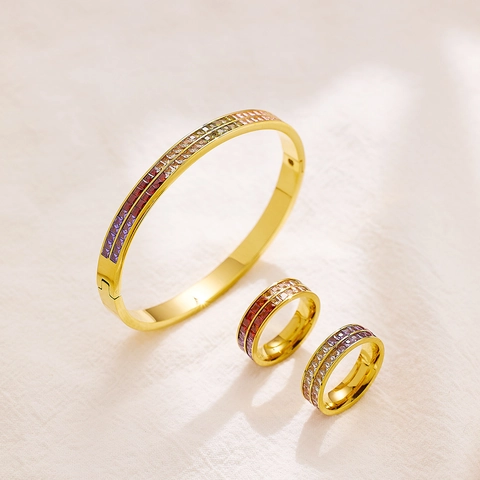 Rainbow Zircon Bangle Ring Jewelry Titanium Steel 18K Gold Plated Double Row Square Cut For Women