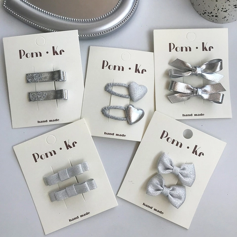 Silver Bow Hair Clips Faux Leather Heart Glitter Fashion Hairpins Duckbill Side Clips Handmade Sweet For Kids Girls