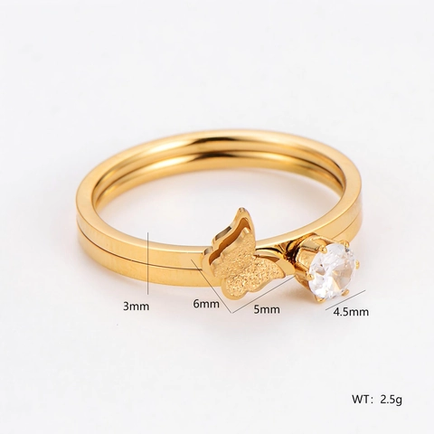 Butterfly Stacking Ring 304 Stainless Steel Cubic Zirconia Double Layer Elegant Fashion Jewelry For Women