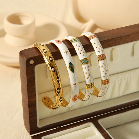 Bracciale Rigido Vintage Evil Eye Star Per Donna Acciaio Inossidabile Placcato Oro 18K Smalto Strass Gioielli Regolabili
