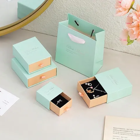 Drawer Jewelry Box Paper Cardboard Gift Packaging For Necklace Ring Earring With Sponge Insert Gold Stamping Elegant