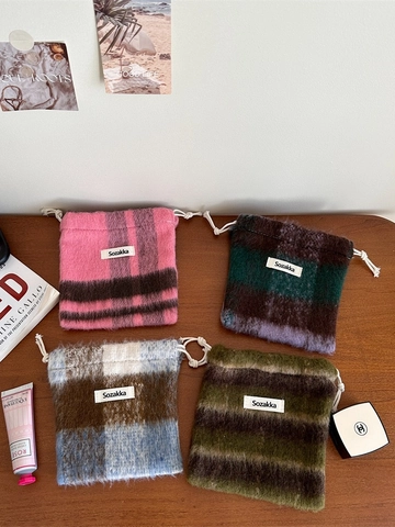 Women Woolen Plaid Drawstring Storage Bag Portable Lipstick Pouch Small Makeup Organizer Cloth Bag For Travel Daily Use