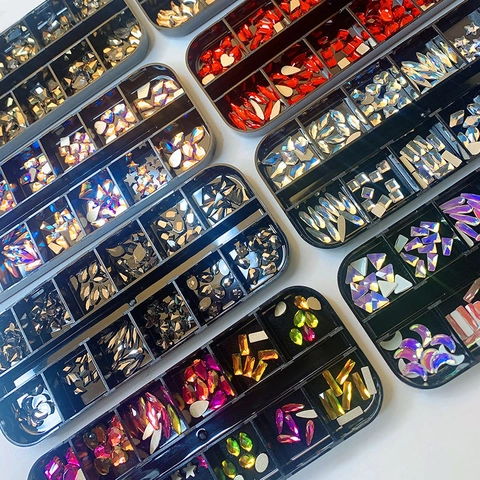 Strass Per Unghie Forme Miste Cristallo Di Vetro Dorso Piatto Manicure Decorazione Fai Da Te Multicolore Aurora AB Lucido Elegante