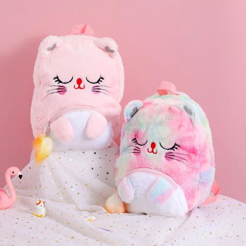 Kids Plush Cat Backpack Cute Cartoon Girls School Bag Rainbow Tie Dye Faux Fur Soft Travel Daypack New Year Gift